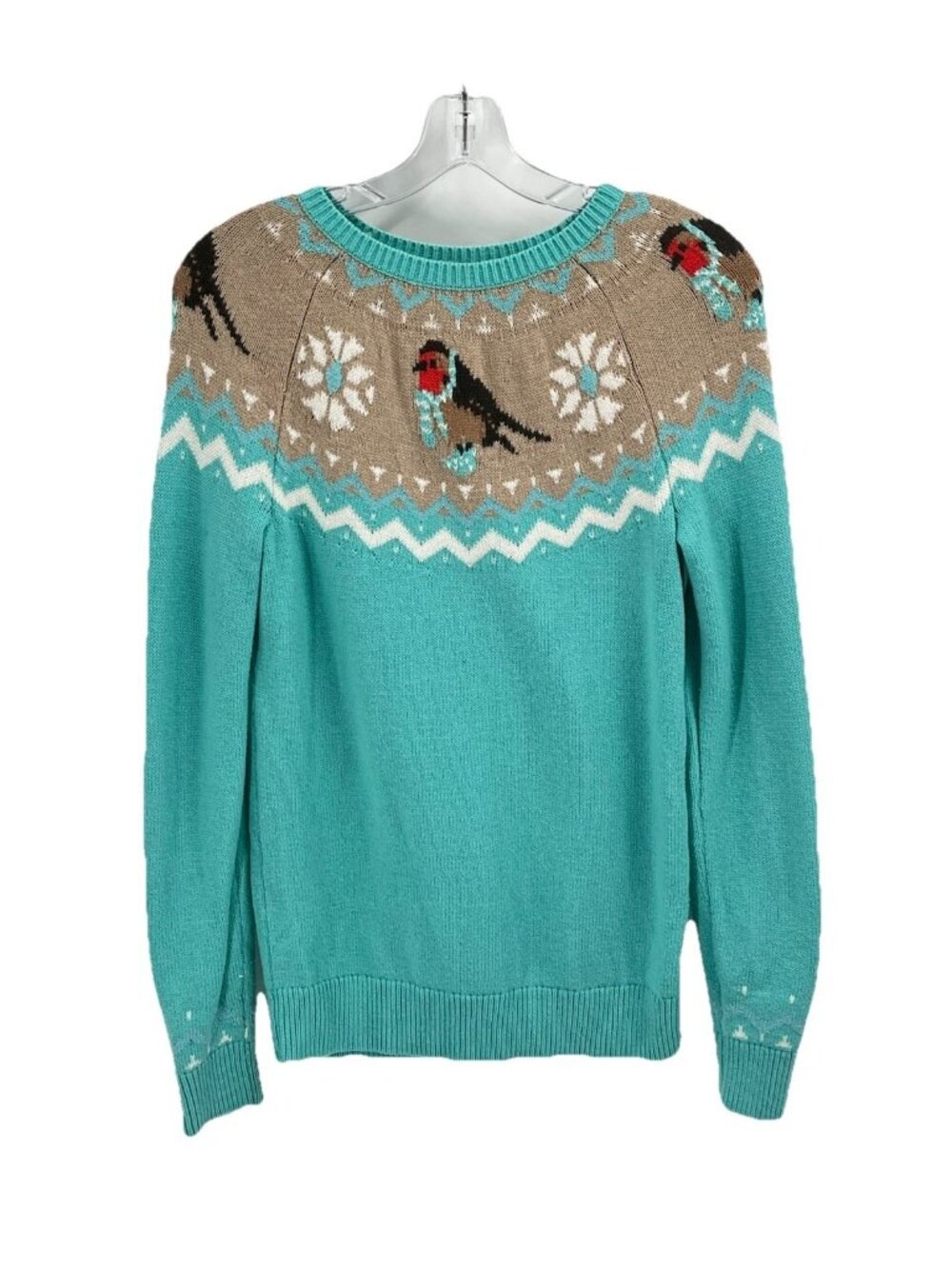 Talbots Blue Fair Isle Bird Print Sweater Sz XS Coastal Grandmother Cottagecore